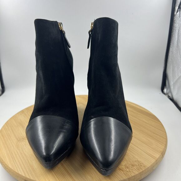 Tory Burch Rivington 100 Ankle Boots Sz 9 Black Suede Leather Cap Toe 4” Heel - Picture 2 of 9